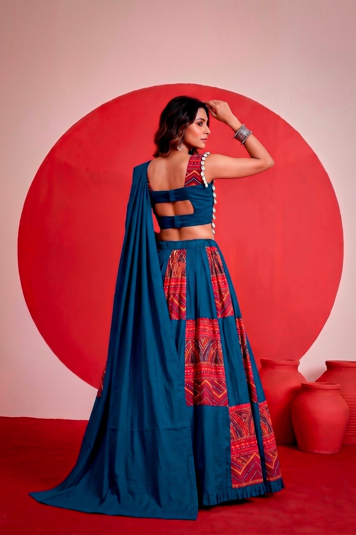 Elegant Teal Blue and Red Rayon Bandhani Print Designer Lehenga Choli with Dupatta for Women