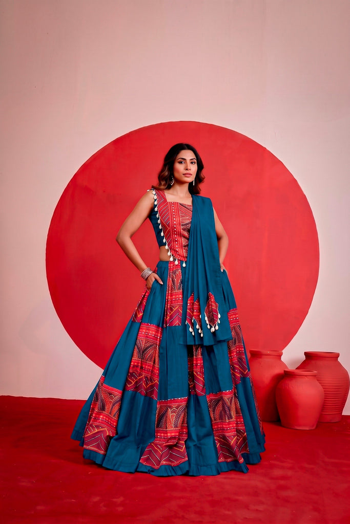 Elegant Teal Blue and Red Rayon Bandhani Print Designer Lehenga Choli with Dupatta for Women