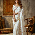 Elegant White Crush Silk Embroidery with Cutwork Saree for Women