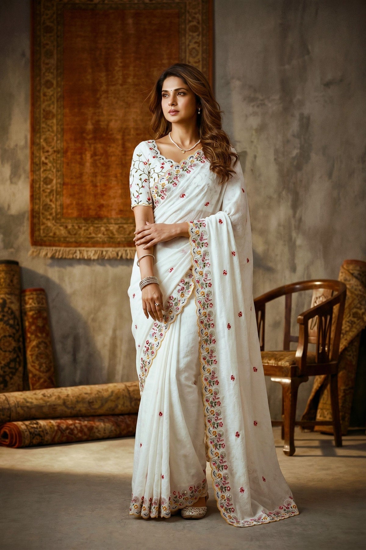 Elegant White Crush Silk Embroidery with Cutwork Saree for Women