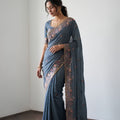 Elegant Ice Blue Soft Moss Chiffon Embroidery Cutwork Saree for Women