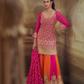 Elegant Rani Pink and Orange Georgette Heavy Embroidered Designer Salwar Suit with Dupatta