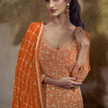 Gorgeous Orange and Rani Pink Georgette Heavy Embroidered Designer Salwar Suit with Dupatta
