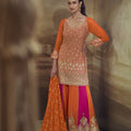 Gorgeous Orange and Rani Pink Georgette Heavy Embroidered Designer Salwar Suit with Dupatta