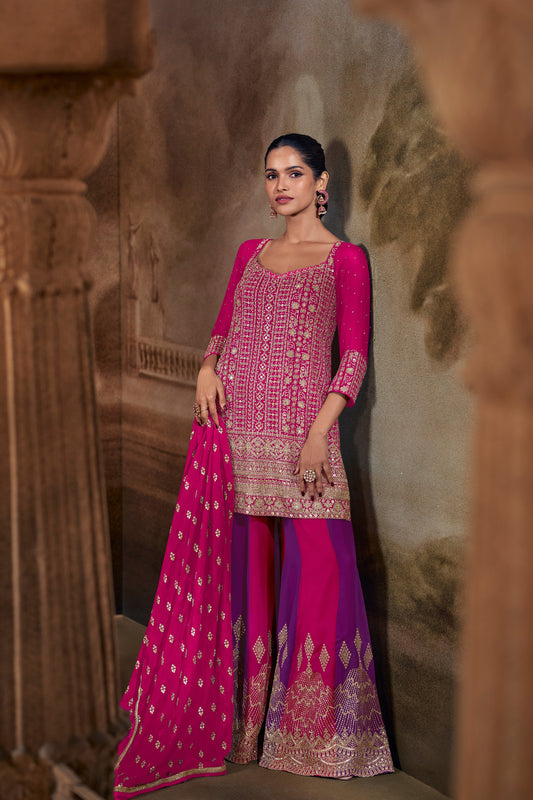 Stylish Rani Pink and Purple Heavy Embroidered Designer Salwar Suit with Dupatta