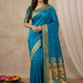Elegant Teal Blue Paithani Silk Zari Weaving Work Saree for Women