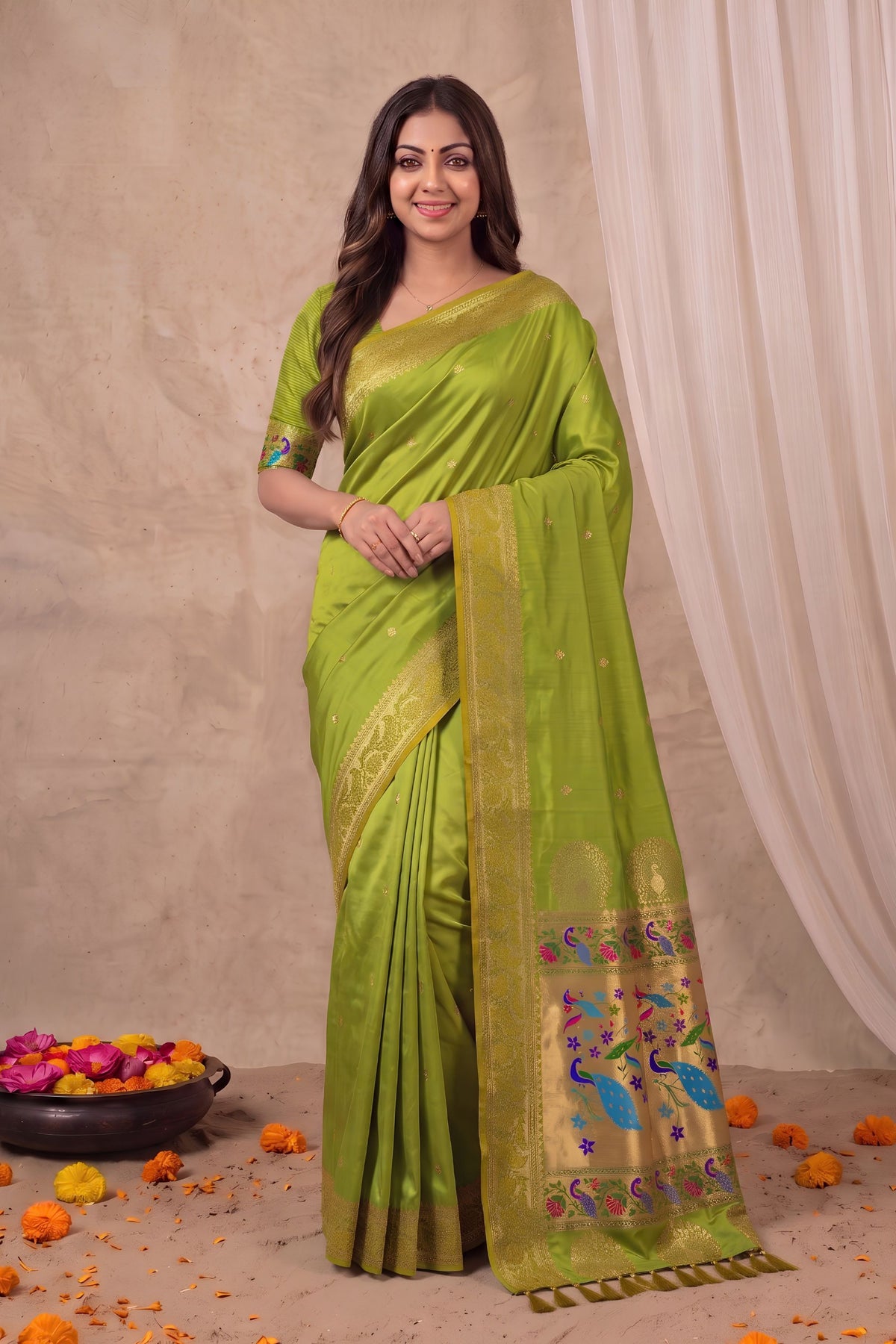 Graceful Lime Green Paithani Silk Zari Weaving Work Designer Saree for Women