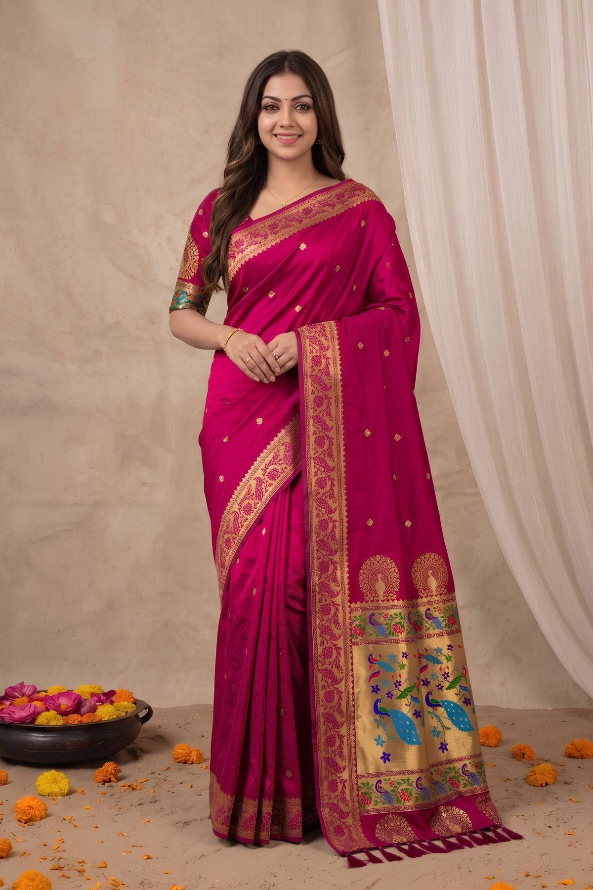 Stunning Magenta Paithani Silk Zari Weaving Work Designer Saree for Women