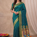 Stylish Teal Blue Paithani Silk Zari Weaving Work Designer Saree for Women