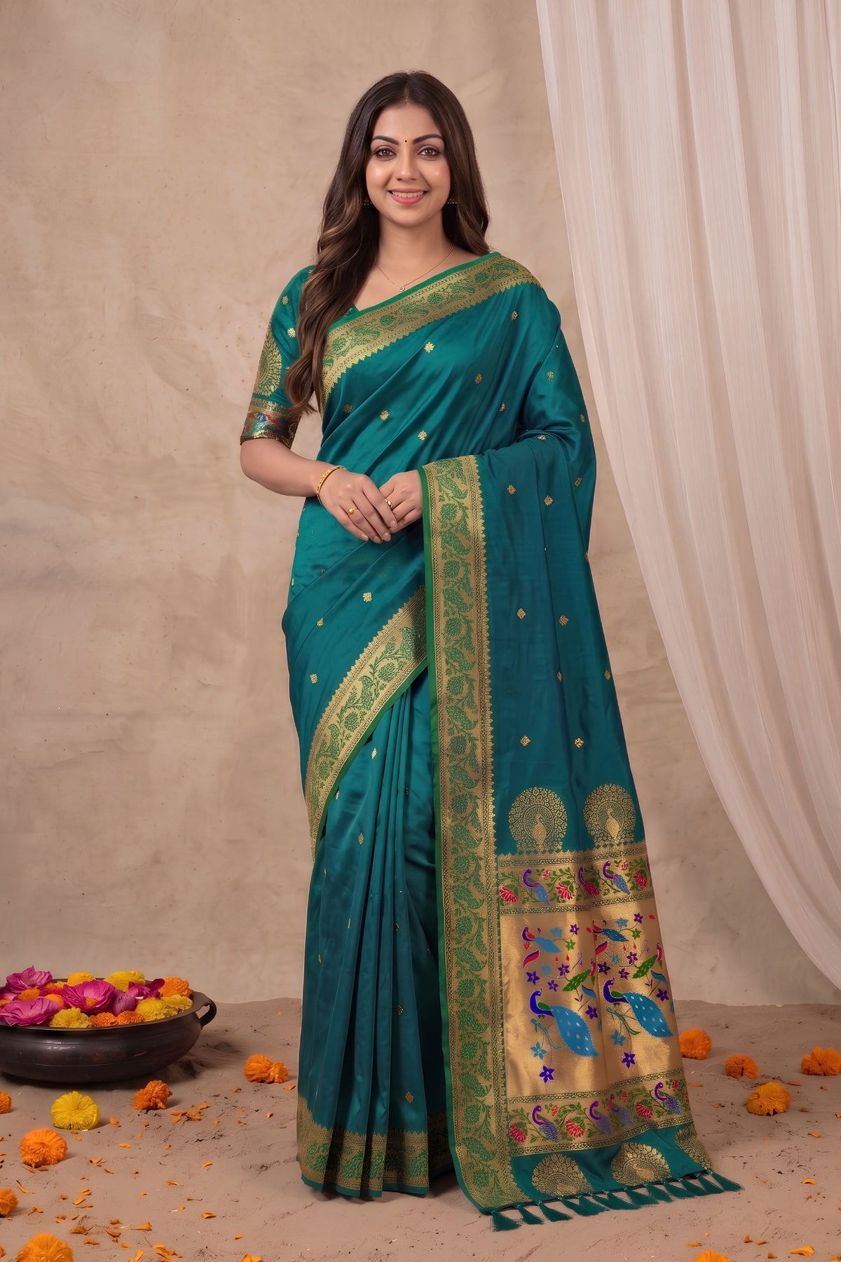 Stylish Teal Blue Paithani Silk Zari Weaving Work Designer Saree for Women