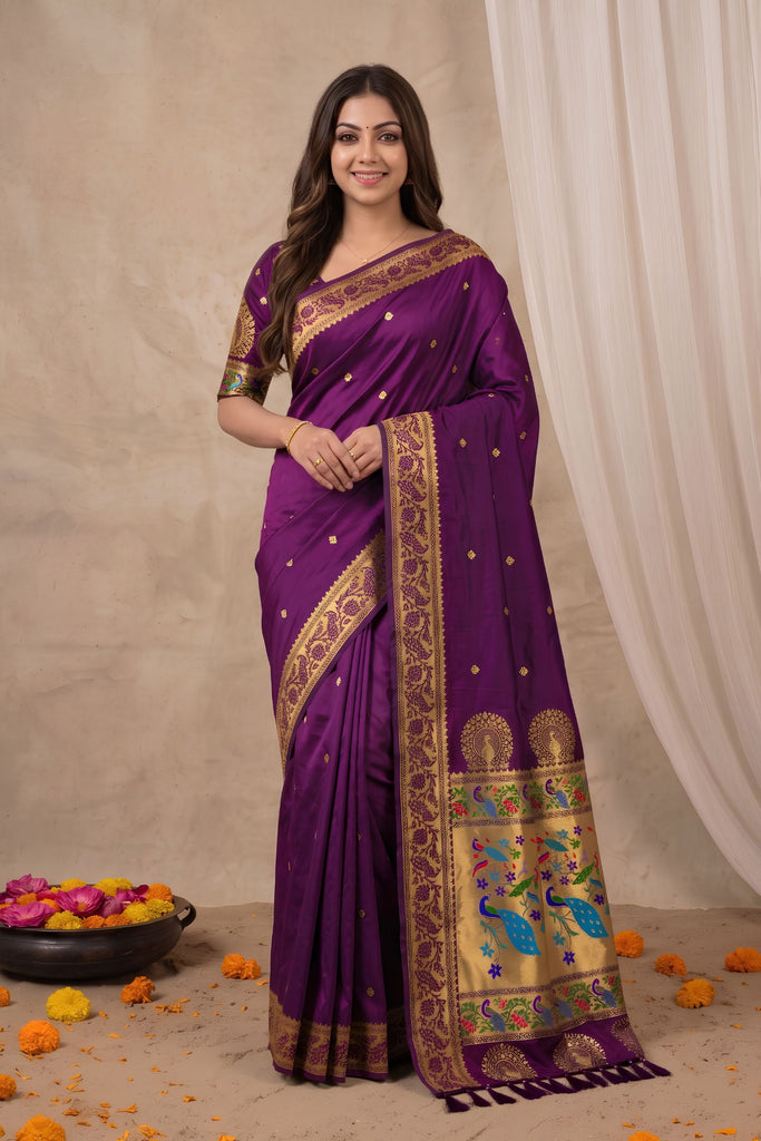 Premium Purple Paithani Silk Zari Weaving Work Designer Saree for Women