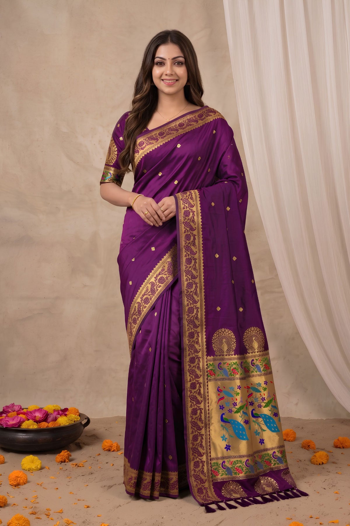 Premium Purple Paithani Silk Zari Weaving Work Designer Saree for Women