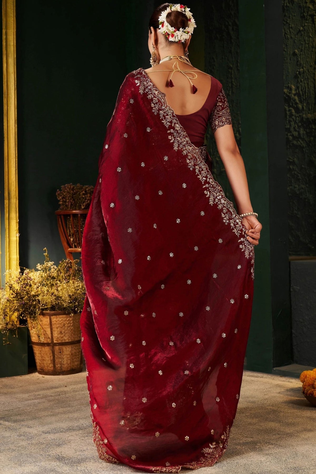 Stunning Maroon Fendy Silk Embroidery Work Saree for Women