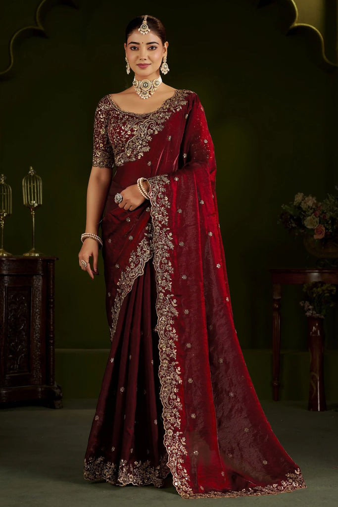 Stunning Maroon Fendy Silk Embroidery Work Saree for Women