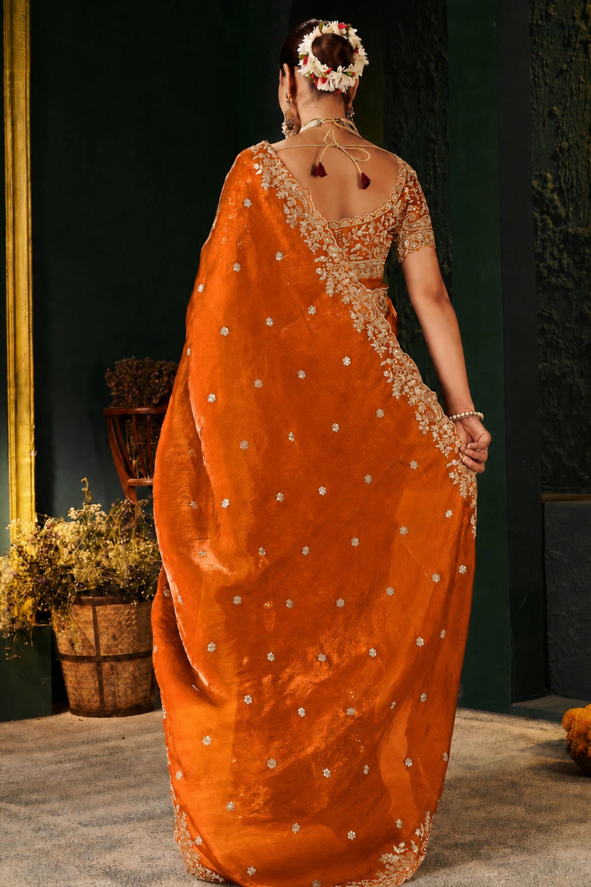 Stylish Orange Fendy Silk Embroidery Work Saree for Women