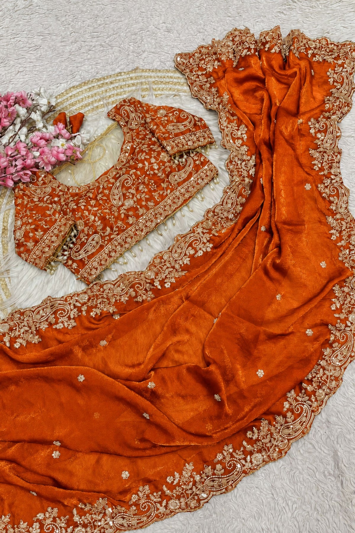 Stylish Orange Fendy Silk Embroidery Work Saree for Women