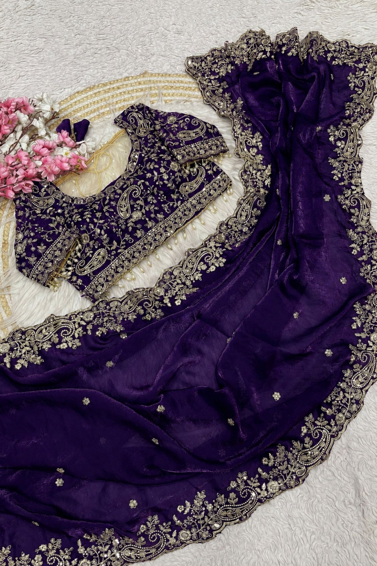 Premium Purple Fendy Silk Embroidery Work Saree for Women