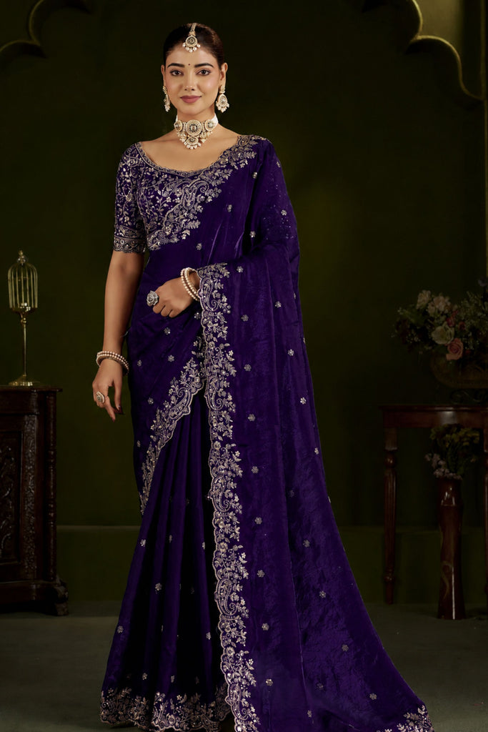 Premium Purple Fendy Silk Embroidery Work Saree for Women
