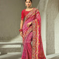 Beautiful Rani Pink Pure Georgette Saree with Moti Cut Dana Heavy Handwork for Women