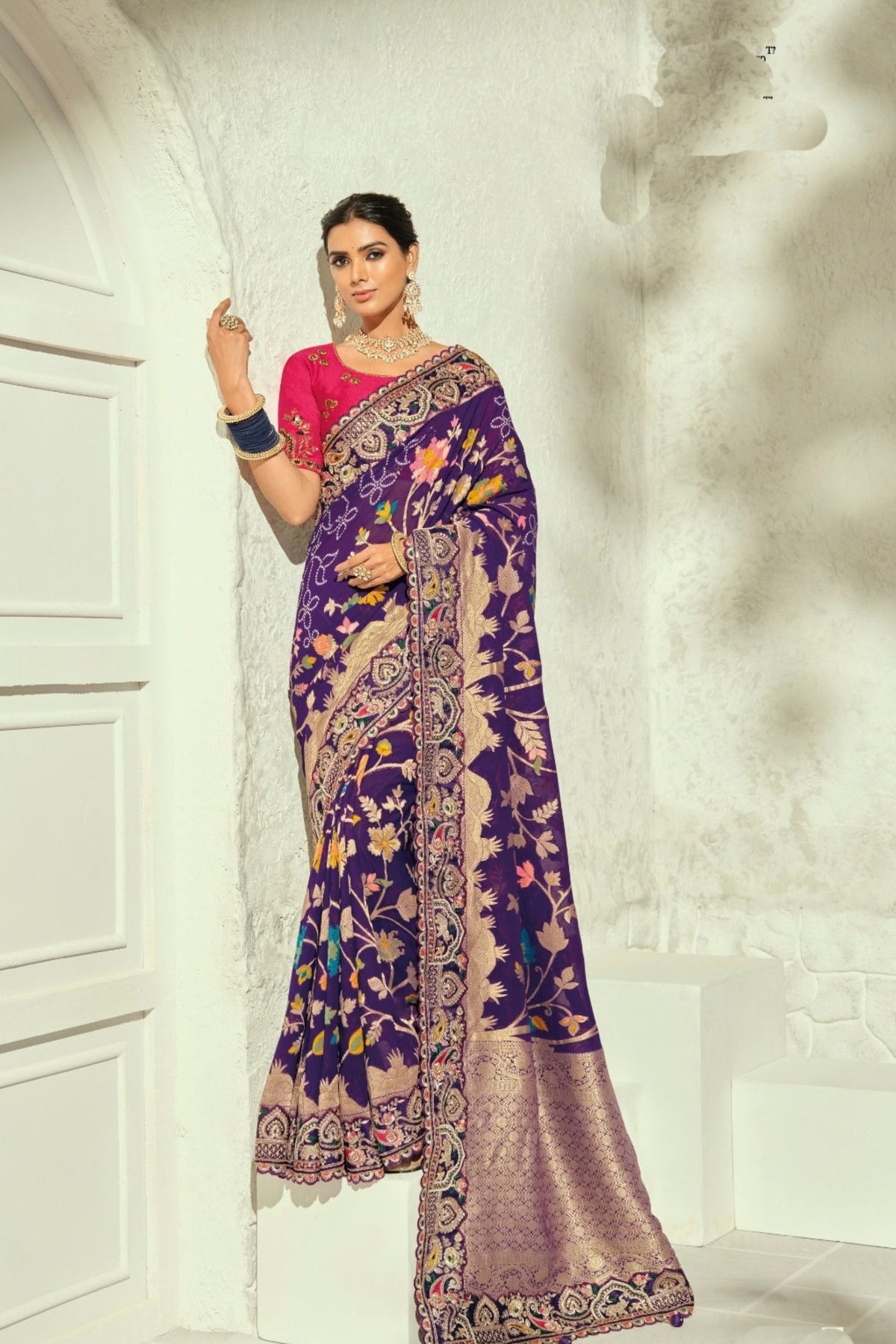 Stylish Purple Pure Georgette Saree with Moti Cut-Dana Heavy Handwork for Women