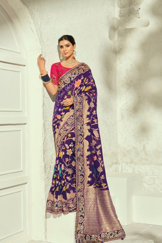 Stylish Purple Pure Georgette Saree with Moti Cut-Dana Heavy Handwork for Women