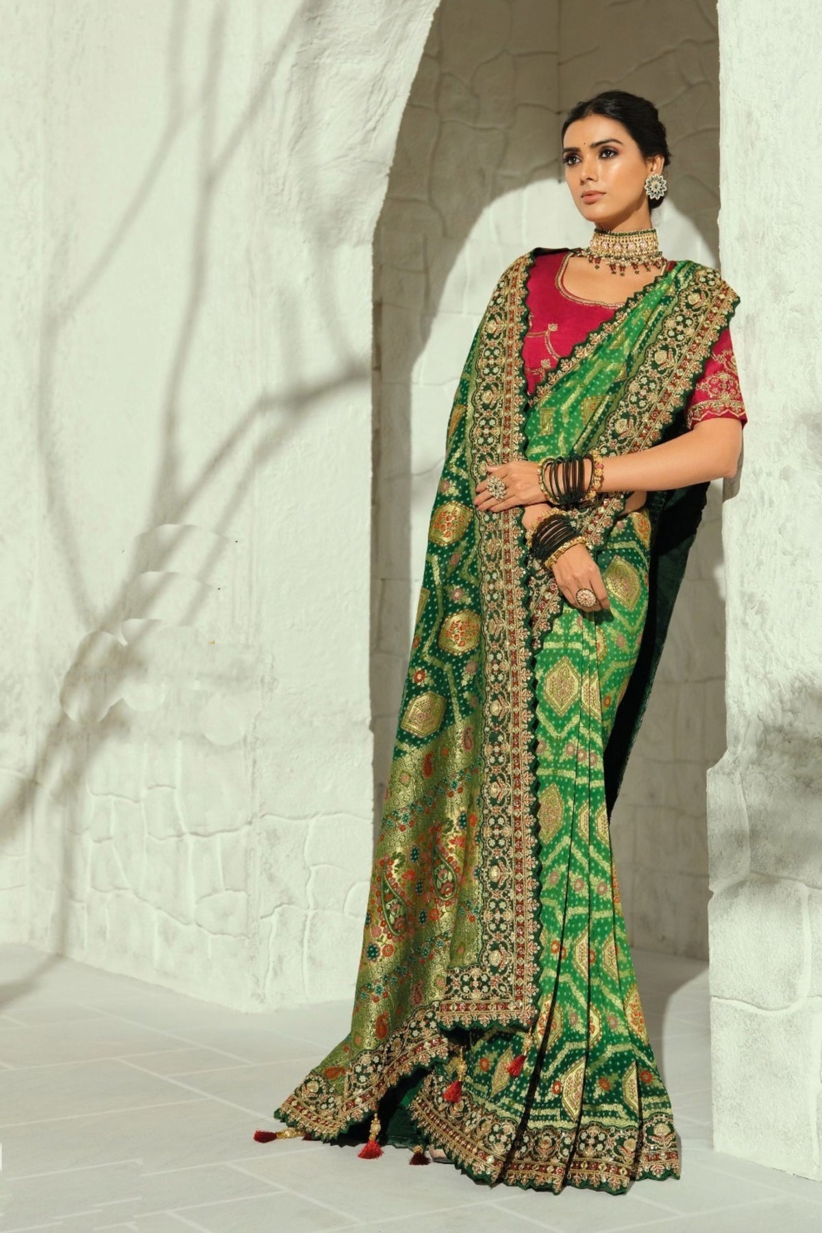 Stunning Green Pure Georgette Saree with Moti Cut-Dana Heavy Handwork for Women