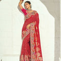 Vibrant Red Pure Georgette Saree with Moti Cut-Dana Heavy Handwork for Women