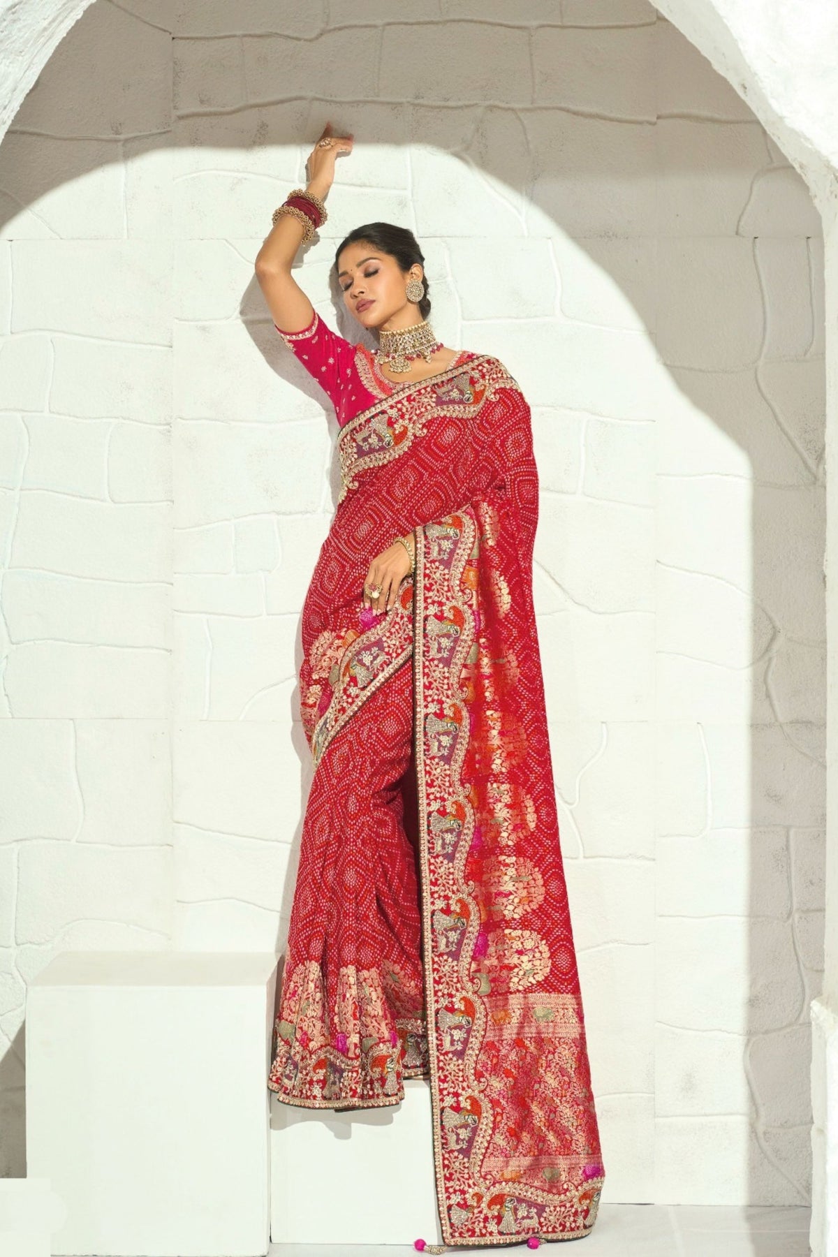 Vibrant Red Pure Georgette Saree with Moti Cut-Dana Heavy Handwork for Women