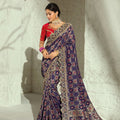 Royal Navy Blue Pure Georgette Saree with Moti Cut-Dana Heavy Handwork for Women