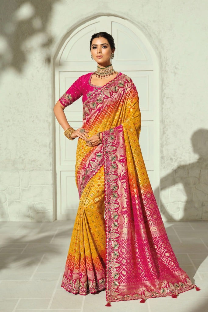 Premium Yellow Pure Georgette Saree with Moti Cut-Dana Heavy Handwork for Women