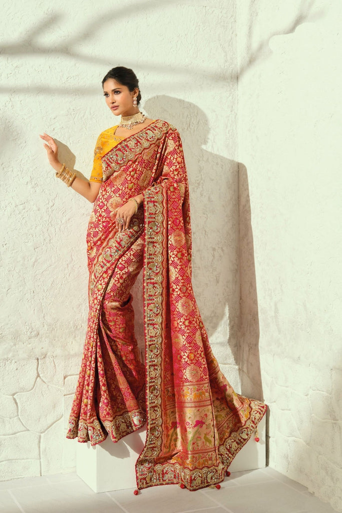 Adorable Red Pure Georgette Saree with Moti Cut-Dana Heavy Handwork for Women