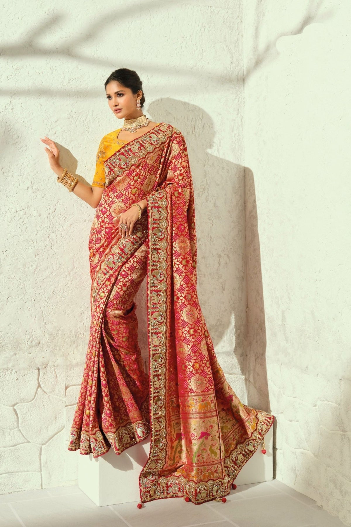 Adorable Red Pure Georgette Saree with Moti Cut-Dana Heavy Handwork for Women