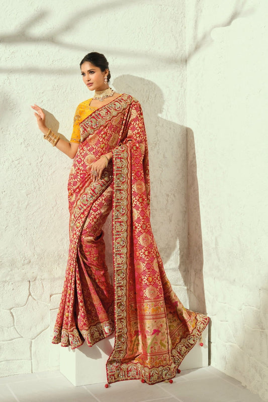 Adorable Red Pure Georgette Saree with Moti Cut-Dana Heavy Handwork for Women