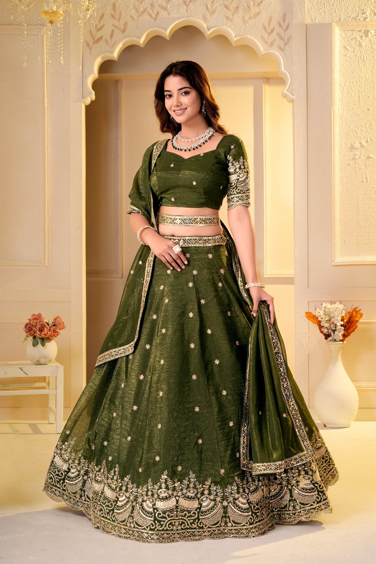 Regal Olive Green Crunchy Silk Designer Lehenga Choli with Golden Embroidery Work and Dupatta
