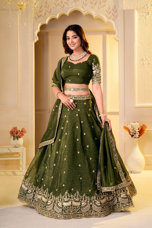 Regal Olive Green Crunchy Silk Designer Lehenga Choli with Golden Embroidery Work and Dupatta
