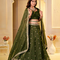 Regal Olive Green Crunchy Silk Designer Lehenga Choli with Golden Embroidery Work and Dupatta