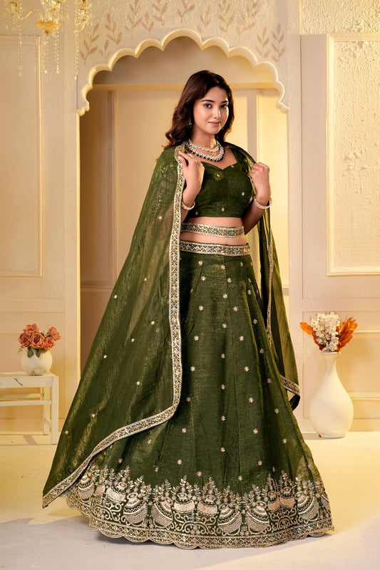Regal Olive Green Crunchy Silk Designer Lehenga Choli with Golden Embroidery Work and Dupatta
