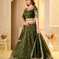 Regal Olive Green Crunchy Silk Designer Lehenga Choli with Golden Embroidery Work and Dupatta