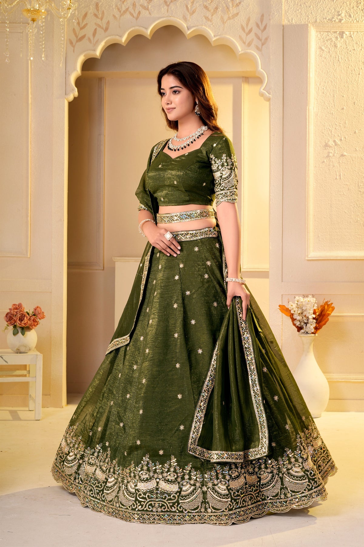 Regal Olive Green Crunchy Silk Designer Lehenga Choli with Golden Embroidery Work and Dupatta