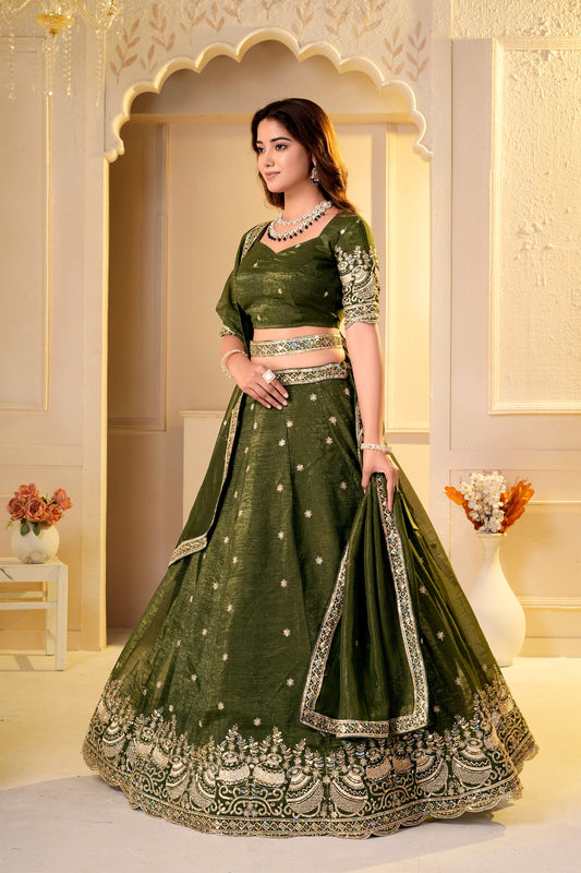 Regal Olive Green Crunchy Silk Designer Lehenga Choli with Golden Embroidery Work and Dupatta