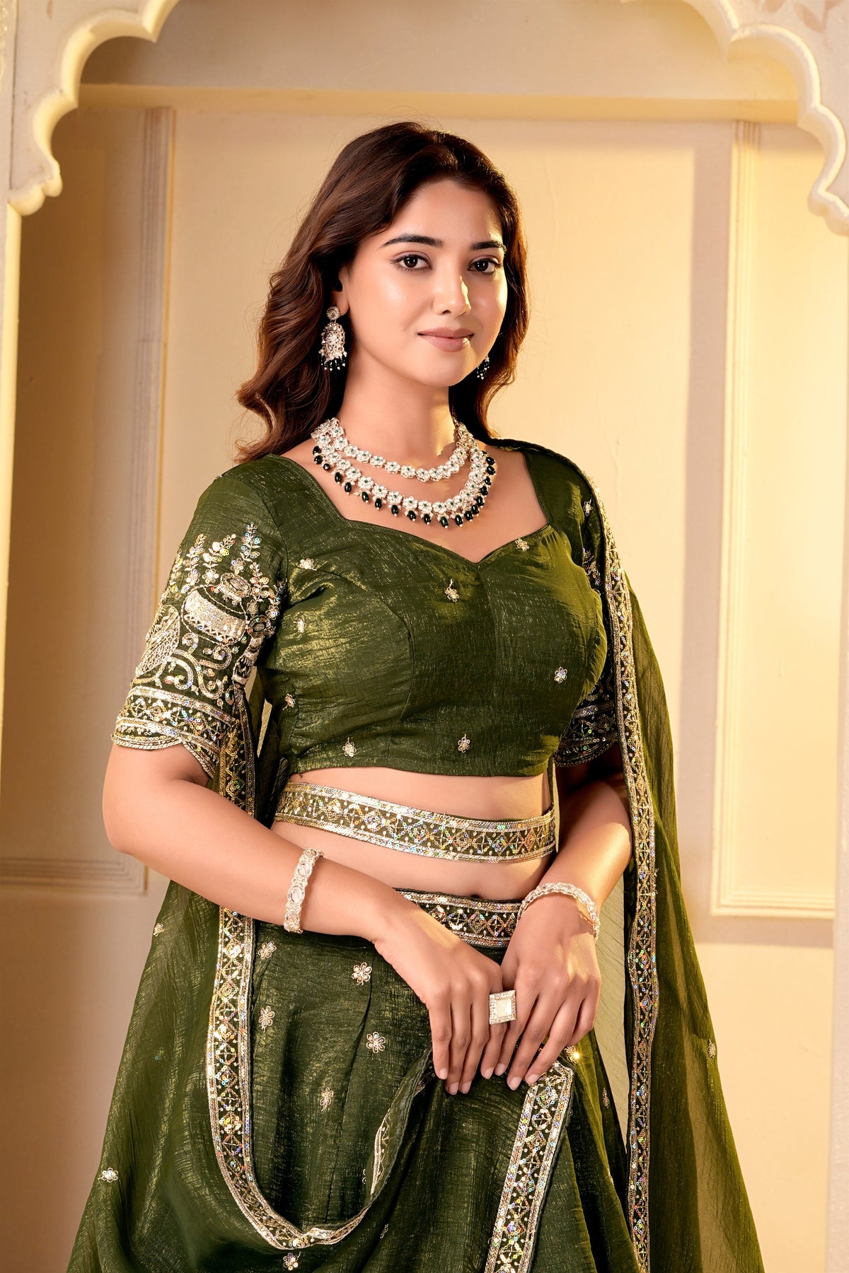 Regal Olive Green Crunchy Silk Designer Lehenga Choli with Golden Embroidery Work and Dupatta
