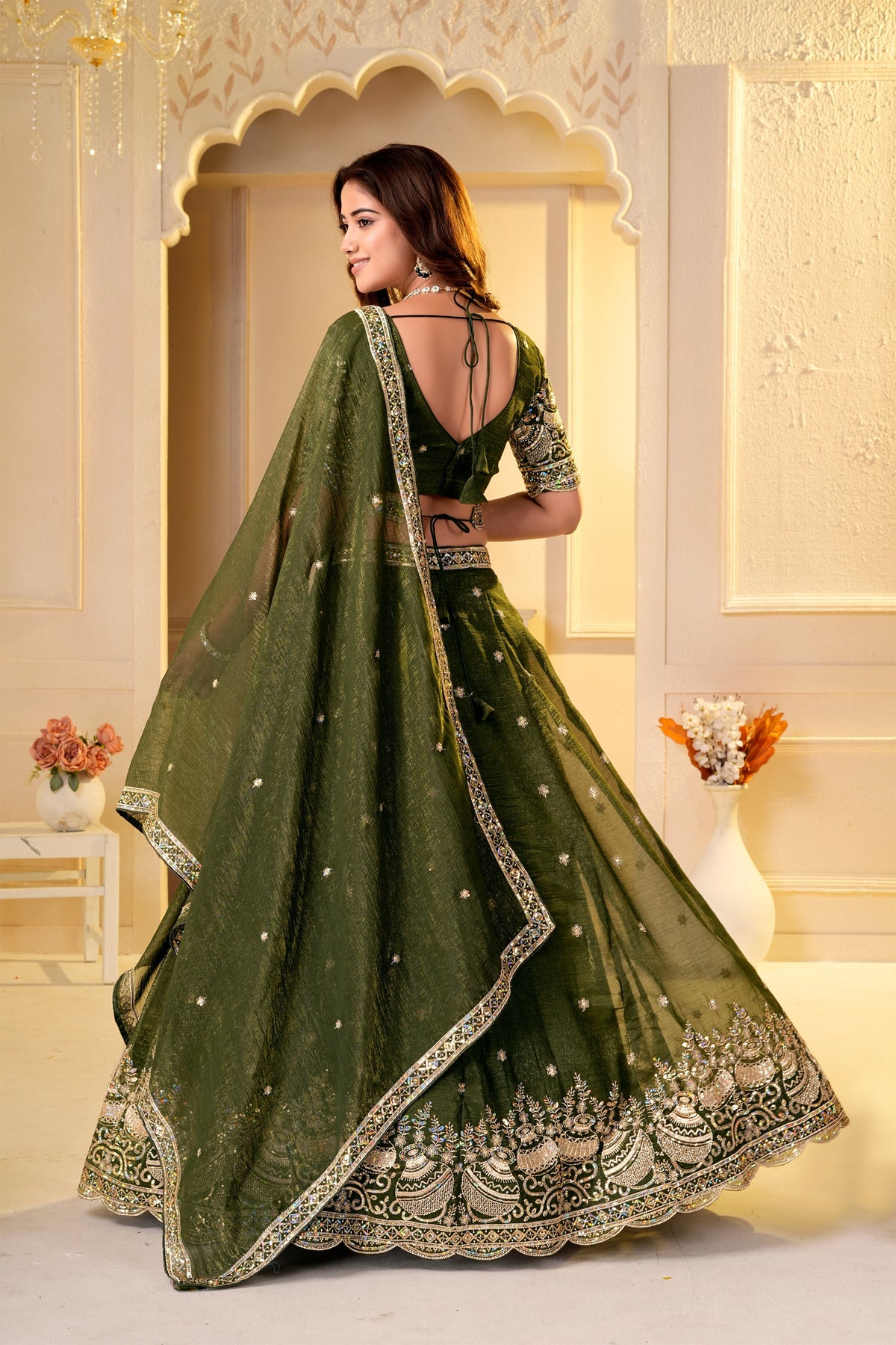 Regal Olive Green Crunchy Silk Designer Lehenga Choli with Golden Embroidery Work and Dupatta