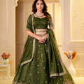 Regal Olive Green Crunchy Silk Designer Lehenga Choli with Golden Embroidery Work and Dupatta