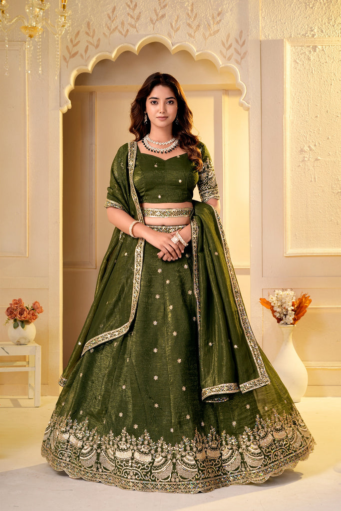 Regal Olive Green Crunchy Silk Designer Lehenga Choli with Golden Embroidery Work and Dupatta