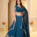 Captivating Teal Blue Crunchy Silk Designer Lehenga Choli with Golden Embroidery Work and Dupatta