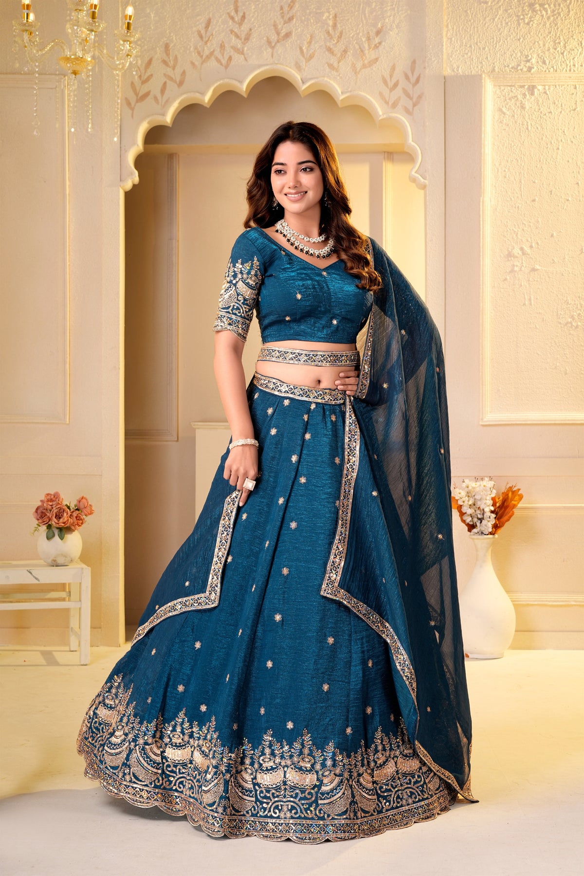 Captivating Teal Blue Crunchy Silk Designer Lehenga Choli with Golden Embroidery Work and Dupatta