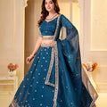 Captivating Teal Blue Crunchy Silk Designer Lehenga Choli with Golden Embroidery Work and Dupatta