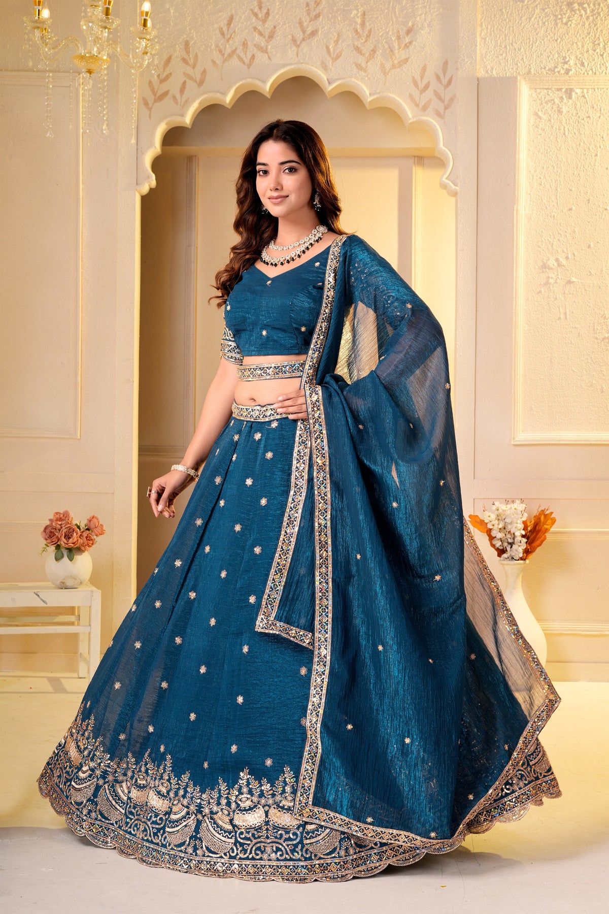 Captivating Teal Blue Crunchy Silk Designer Lehenga Choli with Golden Embroidery Work and Dupatta