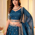 Captivating Teal Blue Crunchy Silk Designer Lehenga Choli with Golden Embroidery Work and Dupatta