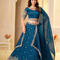 Captivating Teal Blue Crunchy Silk Designer Lehenga Choli with Golden Embroidery Work and Dupatta